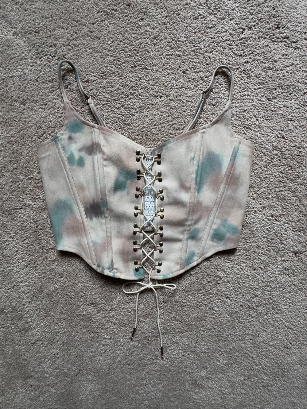 Tie-Detailed Floral Lace-Up Corset Top in Neutral teal and beige